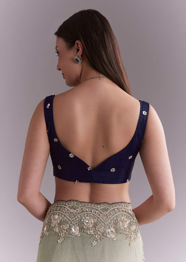 Sea Green Tissue Embroidered Saree With Floral Buttis