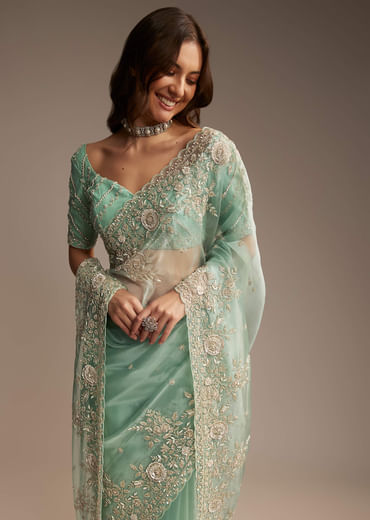 Sea Green Tissue Saree with Cutdana Embroidery