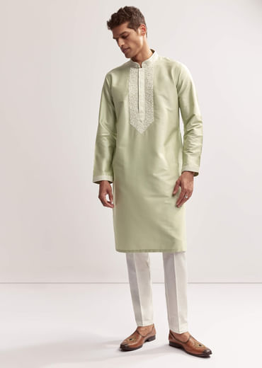 Sea Green Viscose Chanderi Kurta Set For Men With Hand Work