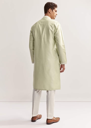 Sea Green Viscose Chanderi Kurta Set For Men With Hand Work