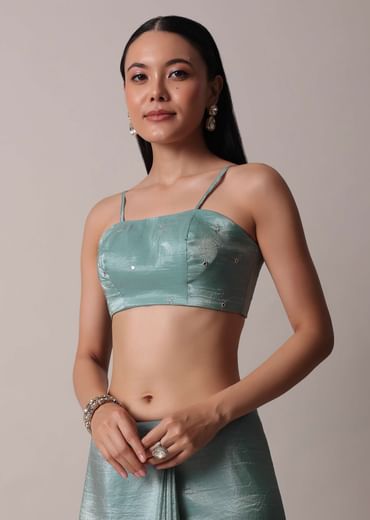 Sea Blue Tissue Saree With Mirror Work And Unstitched Blouse Piece