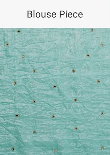 Sea Blue Tissue Saree With Mirror Work And Unstitched Blouse Piece