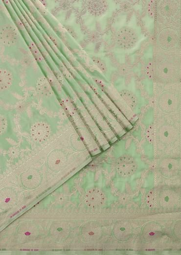 Sea Green Handloom Banarasi Saree In Uppada Silk With Unstitched Blouse