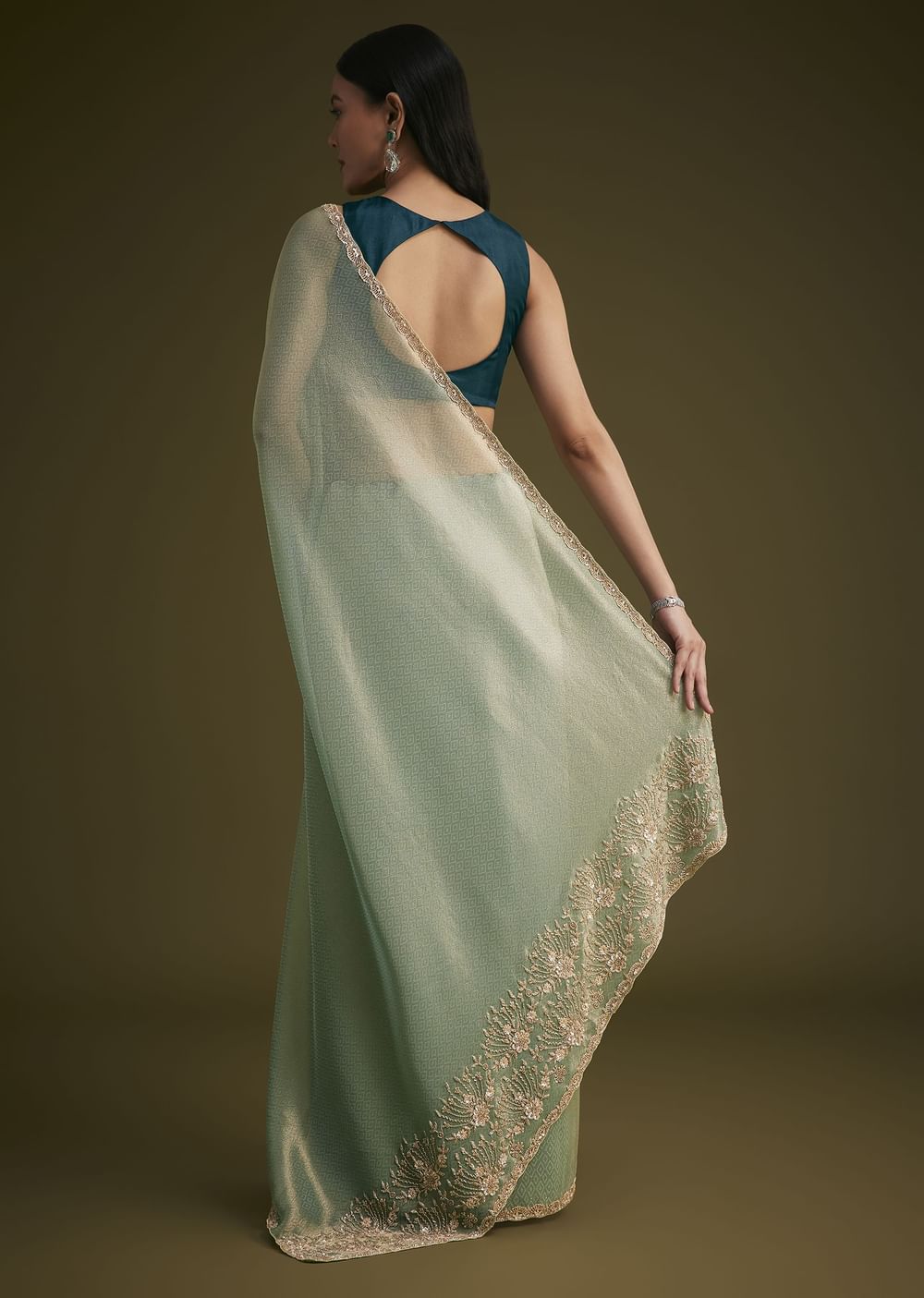 Sea Green Jacquard Sequins Saree With Cutdana Stones
