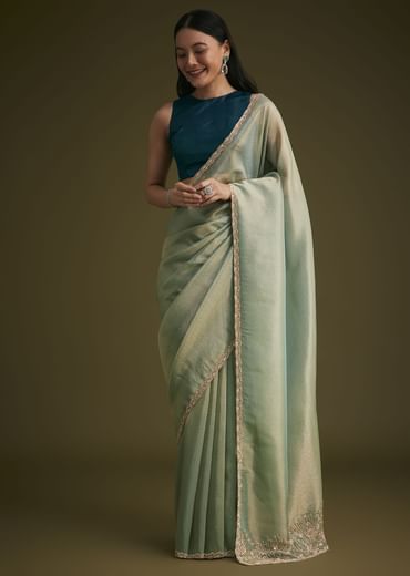 Sea Green Jacquard Sequins Saree With Cutdana Stones