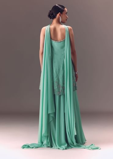 Sea Green Kurta Sharara Set With Choker Dupatta