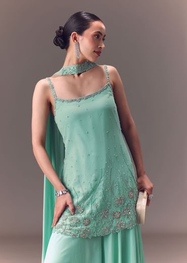 Sea Green Kurta Sharara Set With Choker Dupatta
