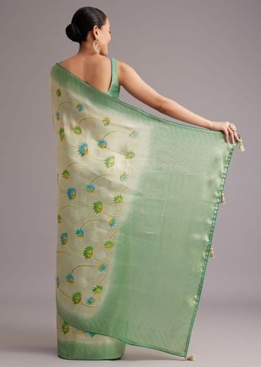 Sea Green Tissue Silk Floral Motif Saree With Contrast Pallu And Border