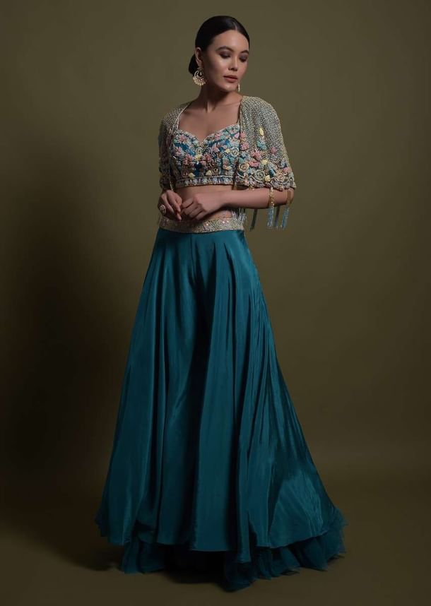 Seaside Blue Crop Top And Palazzo With Embossed Embroidery And Hand Crafted Cape Seaside Blue Crop Top And Palazzo With Embossed Embroidery And Hand Crafted Cape