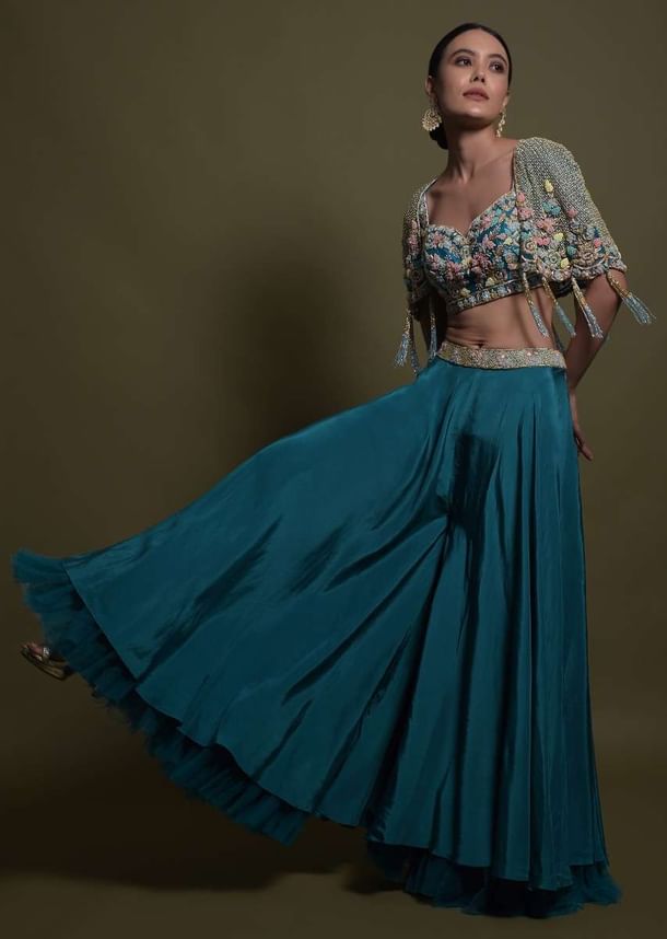 Seaside Blue Crop Top And Palazzo With Embossed Embroidery And Hand Crafted Cape Seaside Blue Crop Top And Palazzo With Embossed Embroidery And Hand Crafted Cape