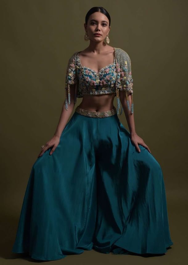 Seaside Blue Crop Top And Palazzo With Embossed Embroidery And Hand Crafted Cape Seaside Blue Crop Top And Palazzo With Embossed Embroidery And Hand Crafted Cape