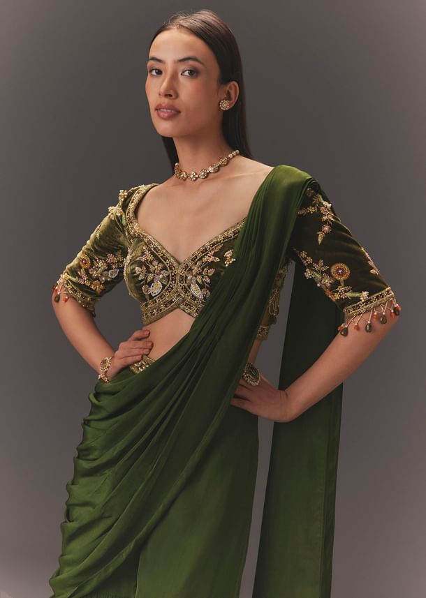 Seaweed Green Hand Embroidered Drape Pallu Style Sharara Set