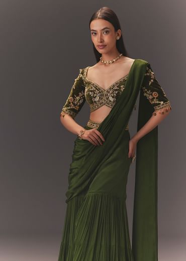 Seaweed Green Hand Embroidered Drape Pallu Style Sharara Set