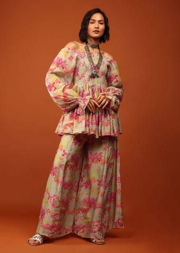 Moss Green Print Top And Palazzo In Crepe With Off-shoulder Neckline & Smocking Bodice