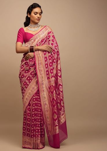 Rani Pink Saree In Georgette With Woven Geometric Jaal And Floral Border