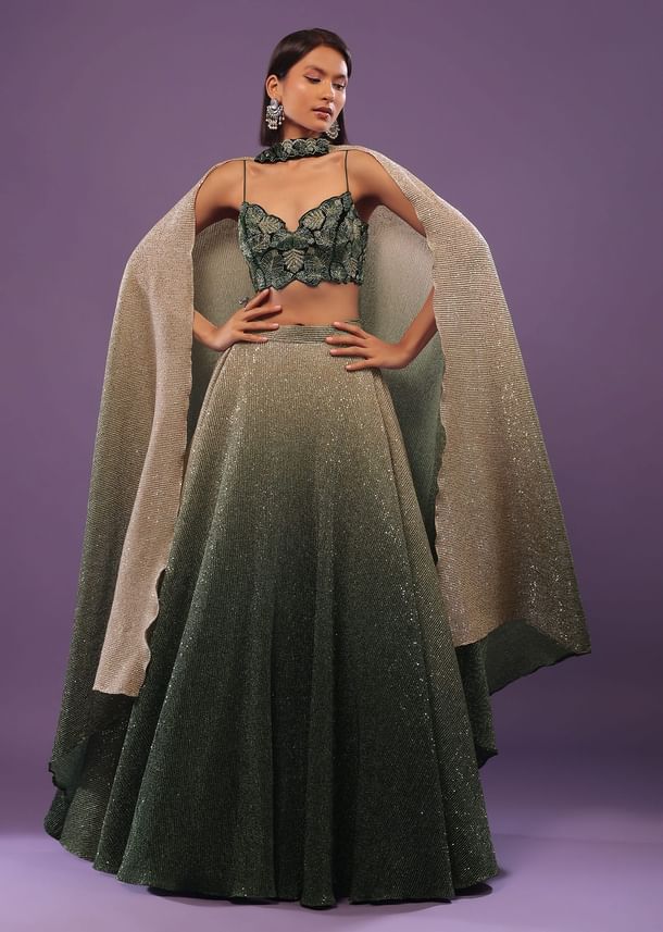 Deep Green Ombre And Gold Embroidered Lehenga Set With Sequins Embroidery Deep Green Ombre And Gold Embroidered Lehenga Set With Sequins Embroidery