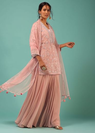 Petal Pink Sharara Suit With Cut Dana And Moti Detailed Jaal Design