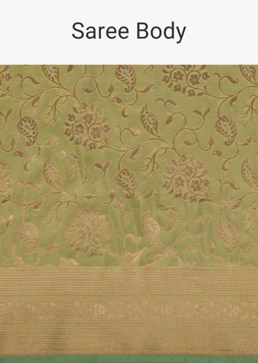 Green Handloom Banarasi Saree In Uppada Silk With Floral Jaal Weave And Unstitched Blouse