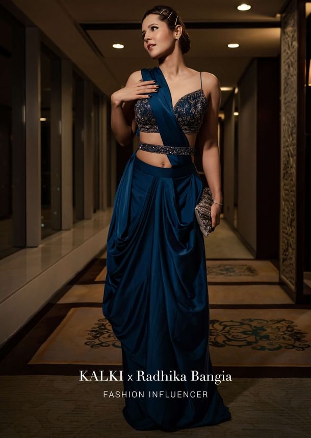 Persian Blue Pre-Pleated Satin Saree With Embroidered Blouse And Belt