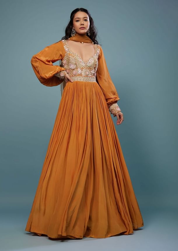 Fire Orange Embroidered Anarkali Suit In Crepe Fire Orange Embroidered Anarkali Suit In Crepe