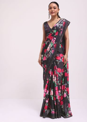 Black Satin Floral Printed Saree With Unstitched Blouse