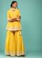 Cyber Yellow Sharara Suit In Cotton With Lucknowi Geometric Embroidery & Angarakha Peplum Top