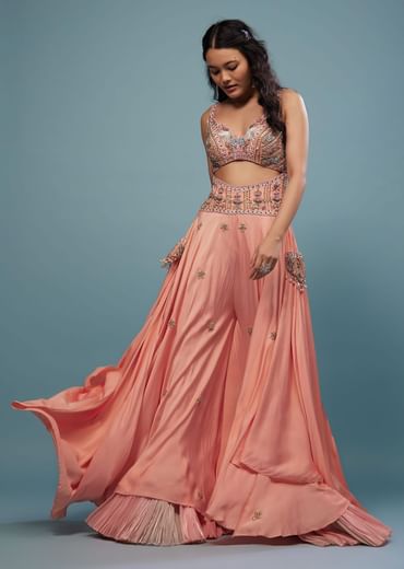 Peach Pink Embroidered Jumpsuit In Satin