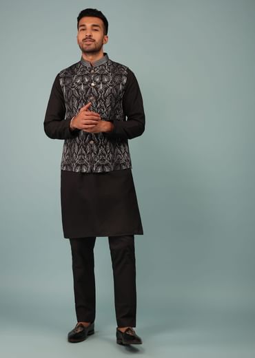 Black Bandi Jacket Set In Silk With Resham And Zari Aari Embroidery