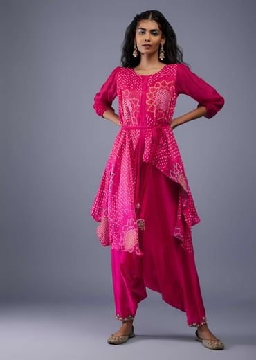 Fuschia Pink Gajji Silk Attached Shrug With Silk Jumpsuit