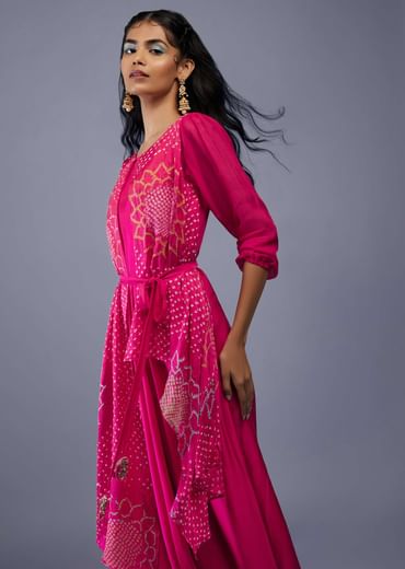 Fuschia Pink Gajji Silk Attached Shrug With Silk Jumpsuit