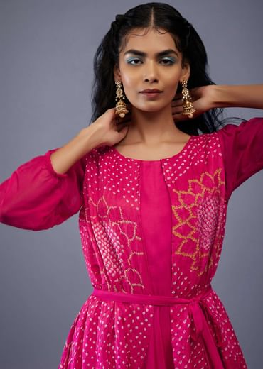 Fuschia Pink Gajji Silk Attached Shrug With Silk Jumpsuit