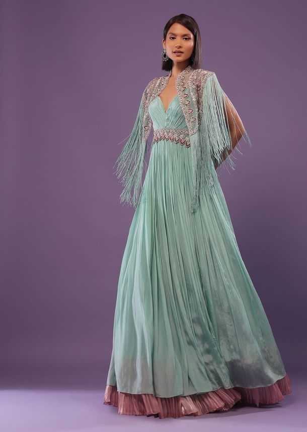 Sea Green Embroidered Gown In Crepe Sea Green Embroidered Gown In Crepe