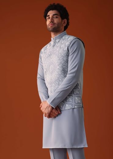 Cool Grey Thread Embroidered Bandi Jacket Set In Polyster Fabric