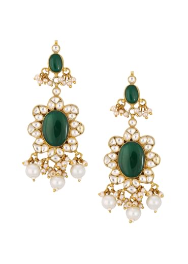 Green Kundan Danglers With Emerald Onyx And Pearls