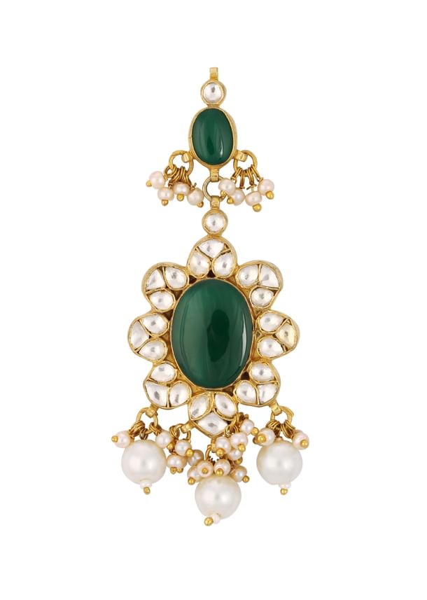 Green Kundan Danglers With Emerald Onyx And Pearls Green Kundan Danglers With Emerald Onyx And Pearls