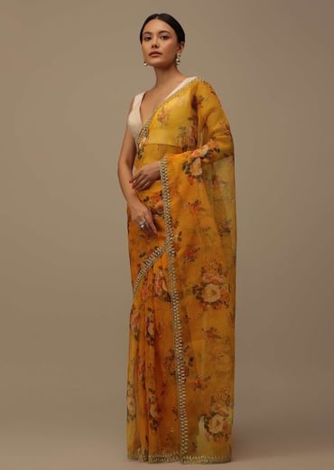 Orange Cutdana Embroidered Saree In Organza With Floral Print