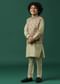 Kalki Beige Textured Bandi Jacket Set In Silk With Floral Print For Boys