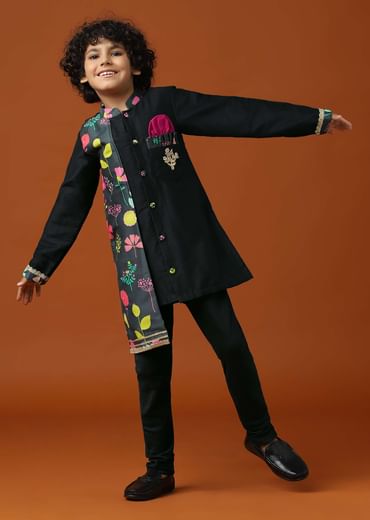 Kalki Black Printed Kurta Pant Set In Cotton Silk For Boys