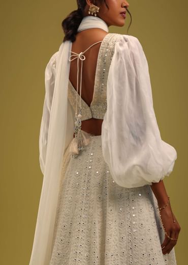 Ivory White Abala Embroidered Lehenga And Blouse Set In Georgette