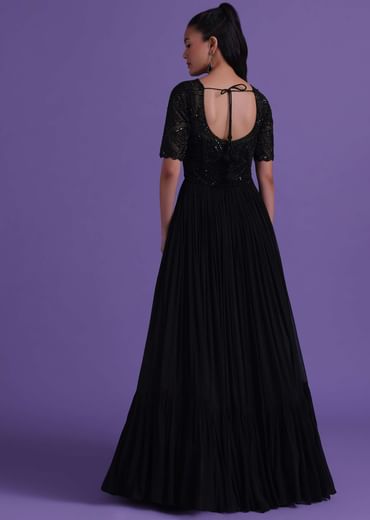 Black Georgette Gown With Cut Dana, Sequins, And Bead Work
