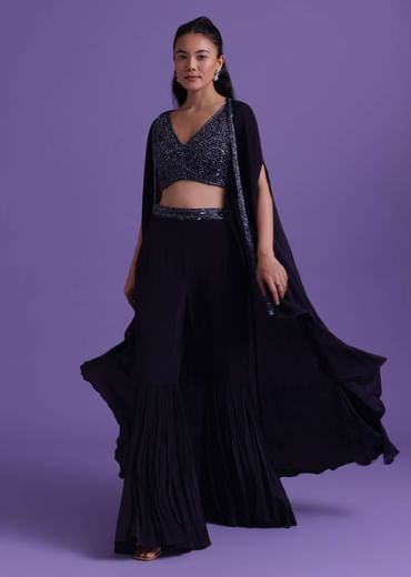 Navy Blue Cut Dana Embroidered Sharara And Blouse Set With Shrug in Satin