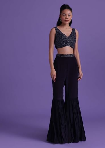 Navy Blue Cut Dana Embroidered Sharara And Blouse Set With Shrug in Satin