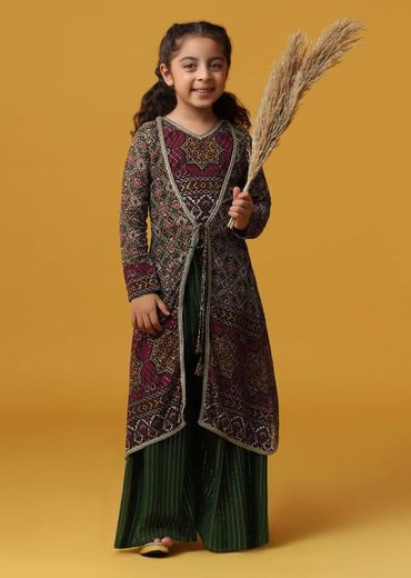 Kalki Forest Green Embroidered Top And Palazzo Set With Jacket In Georgette For Girls