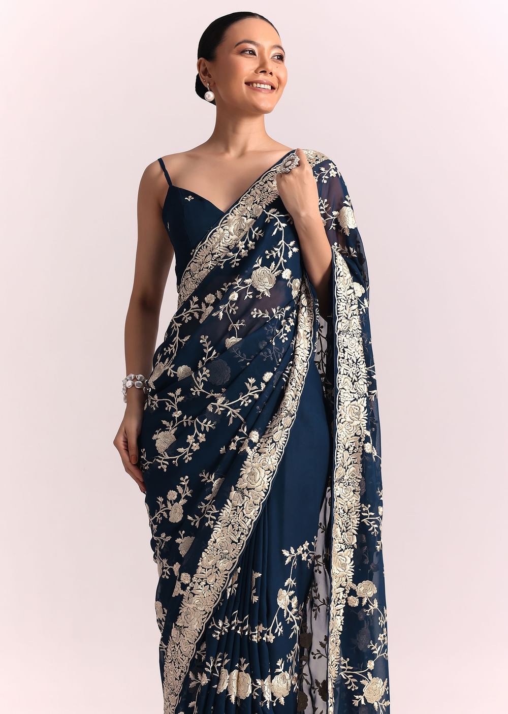 Navy Blue Georgette Saree With Parsi Gara Thread Embroidery
