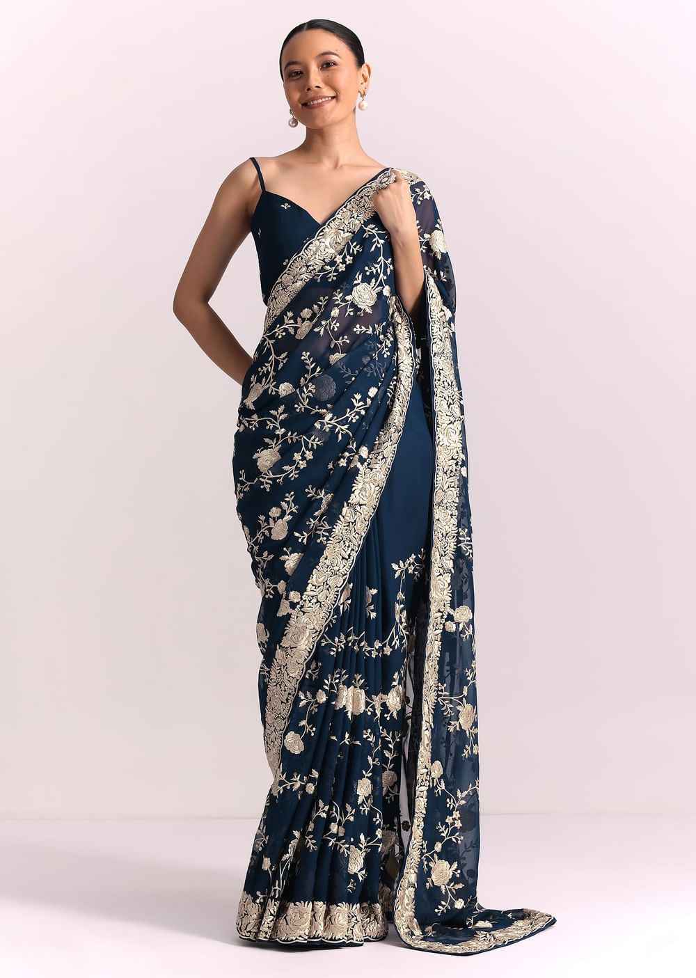 Navy Blue Georgette Saree With Parsi Gara Thread Embroidery