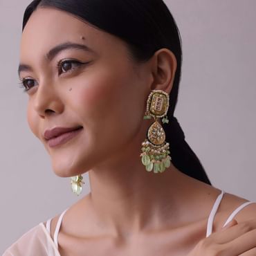 Gold-Finish Kundan Earrings With Colourful Meenakari Work In Mix Metal
