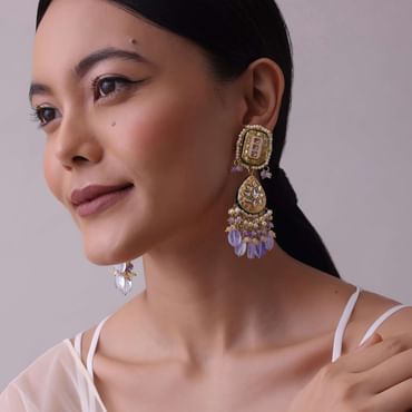 Gold-Finish Kundan Earrings With Colourful Meenakari Work In Mix Metal