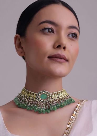 Voilet Toned Gold-Finish Kundan Choker Necklace Set With Colourful Meenakari Work In Mix Metal