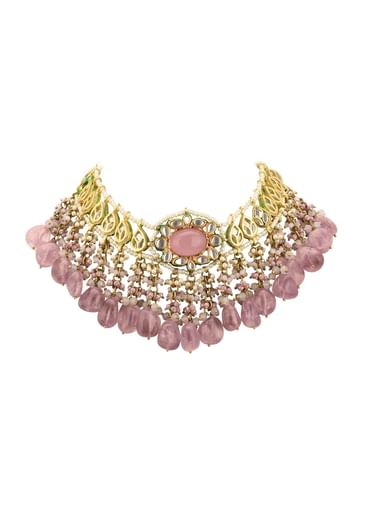 Voilet Toned Gold-Finish Kundan Choker Necklace Set With Colourful Meenakari Work In Mix Metal