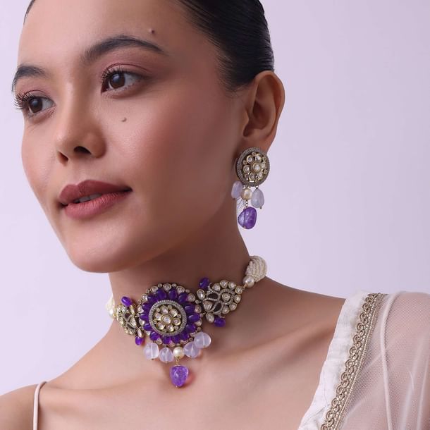 Two Tone Kundan Choker And Earring Set With Red And Pink Stones Two Tone Kundan Choker And Earring Set With Red And Pink Stones